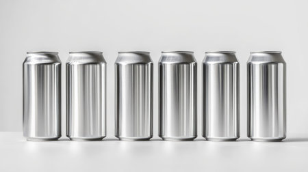 Group of shiny metal cans arranged neatly on a clean white background, showcasing reflective surfaces and cylindrical shapesの素材