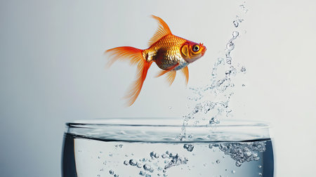 Goldfish leaping gracefully out of a clear glass fish bowl, water droplets suspended mid-air, against a white backgroundの素材