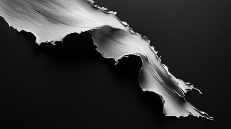 High-resolution close-up of rough torn paper edges with curled tips, floating on black background for maximum contrastの素材