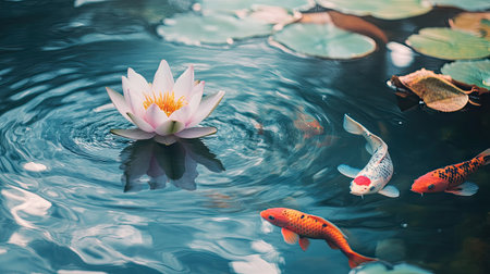 Lotus flower floating on still pond water, colorful fish creating gentle ripples underneath in a calm nature sceneの素材