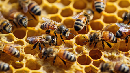 Bees clustered on honeycomb cells, working diligently to fill them with nectar inside the hiveの素材