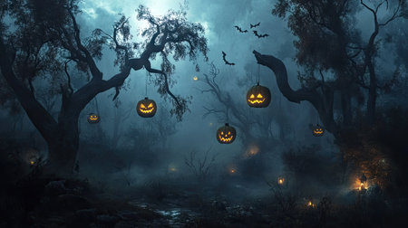 A haunted forest scene with glowing Halloween lanterns hanging from twisted trees, bats darting through the foggy night airの素材
