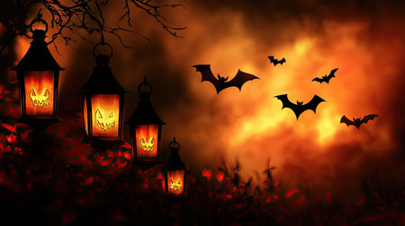 A row of glowing Halloween lanterns casting eerie shadows, surrounded by flying bats against a dark spooky night sky, perfect festive atmosphereの素材