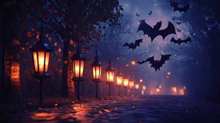 A row of glowing Halloween lanterns casting eerie shadows, surrounded by flying bats against a dark spooky night sky, perfect festive atmosphereの素材