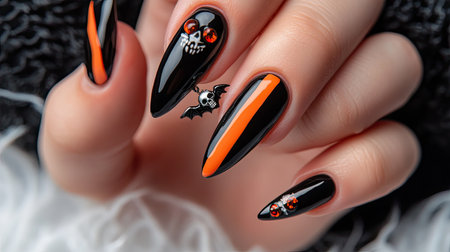 Beautiful hand with glossy gel nails in black and orange stripes, adorned with D skull and bat charms for Halloweenの素材