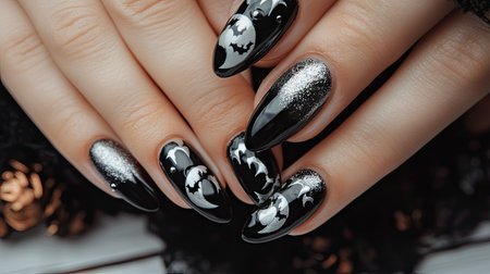 Beautiful woman's hands with gel nail art in shimmering black and silver, decorated with spooky Halloween moon and bat patternsの素材
