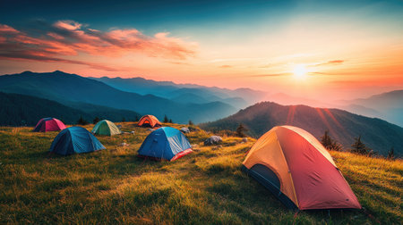 Beautiful campground nestled on a mountain slope with colorful tents set against a stunning sunrise sky and panoramic mountain viewsの素材