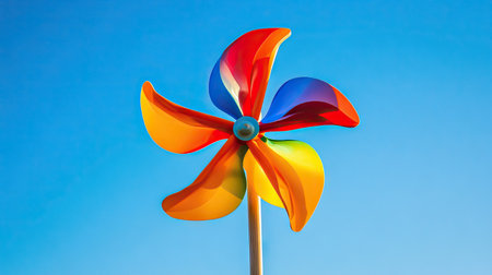 Bright and colorful pinwheel spinning in the breeze against a clear blue sky, symbolizing joy, summer, and childhood memoriesの素材