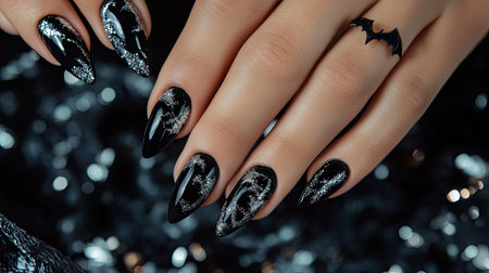 Beautiful woman's hands with gel nail art in shimmering black and silver, decorated with spooky Halloween moon and bat patternsの素材