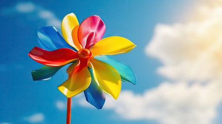 Brightly colored pinwheel in close-up, standing against a sunny sky, symbolizing fun, relaxation, and summer playfulnessの素材