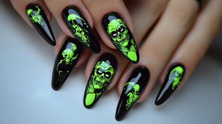 Beautiful gel nail design in black and neon green, with detailed Frankenstein and witch art for a playful Halloween lookの素材