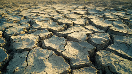 Dry cracked ground stretching into the distance, showing severe drought and environmental impactの素材