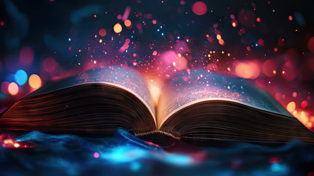 Close-up of an open book with colorful magical sparks swirling above the pages in a dark, mysterious settingの素材