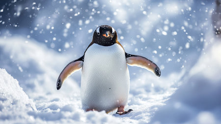 Cute penguin waddling through a snowy landscape, its black and white feathers contrasting against the bright snowの素材