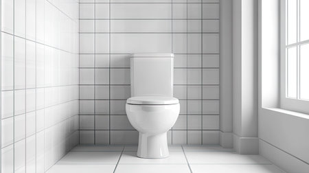 Clean modern toilet bowl in a bright domestic bathroom, featuring white tiles and natural lighting for a fresh lookの素材