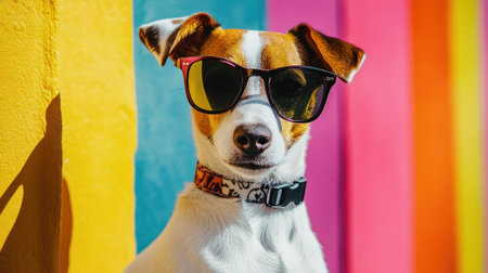 Confident dog with sleek designer sunglasses, photographed against a colorful wall for a modern, chic vibeの素材