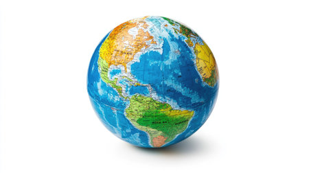 Classic earth globe showing colorful continents and blue oceans, isolated on a clean white background for educational themesの素材