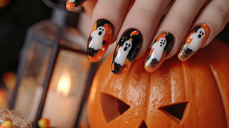 Close-up of Halloween gel nail art with ghosts, candy corn, and glitter, on a woman holding a pumpkin lanternの素材