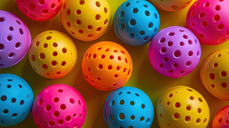 Collection of colorful pickleball balls with perforations, arranged aesthetically for a vibrant sports product shotの素材