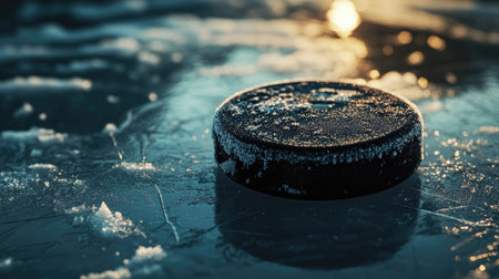 Close-up of hockey puck on ice with detailed texture of ice crystals and skate groovesの素材