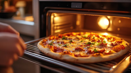 Person baking a homemade pizza in a sleek electric pizza oven, cheese bubbling and crust turning golden brownの素材