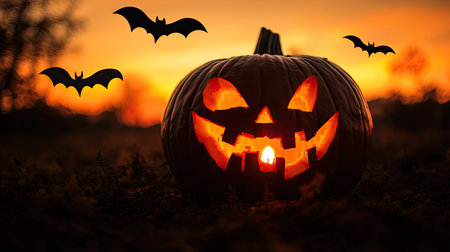 Close-up of a glowing carved pumpkin lantern, bats in silhouette against an orange twilight horizon, eerie yet festive ambianceの素材