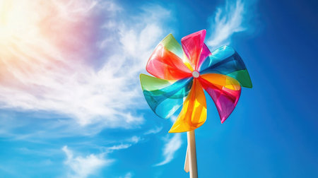 Colorful pinwheel with each blade in different shades, spinning under bright sunshine against a peaceful blue skyの素材