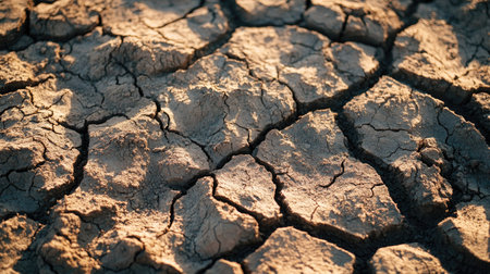 Close-up of parched earth with deep cracks caused by lack of moisture, rich texture and earthy tones under bright sunlightの素材