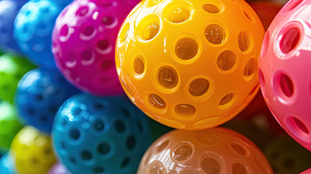 Close-up of multi-color pickleball balls stacked together, showing vibrant shades and texture detailsの素材