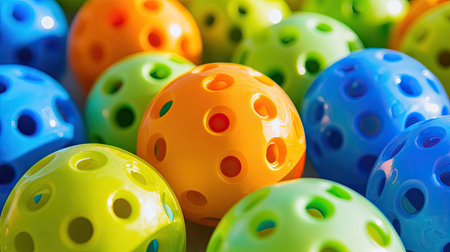 Bright yellow, blue, green, and orange pickleball balls placed closely together, isolated against a clean backdropの素材