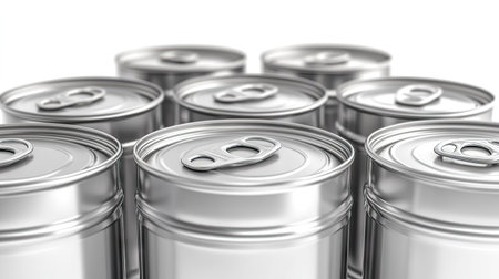 Close-up of silver metal cans with smooth surfaces isolated on pure white background for packaging and product designの素材