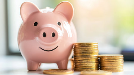 Pink piggy bank positioned next to stacked golden coins, white background with soft lightingの素材