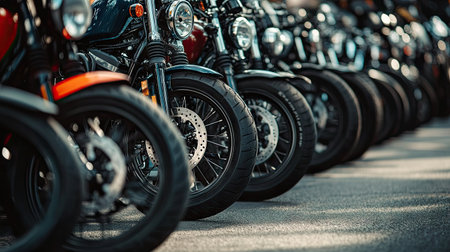 Perspective shot of motorcycles lined up diagonally, emphasizing symmetry and biker cultureの素材