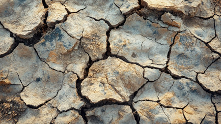 Cracked earth surface forming abstract natural patterns, isolated under strong daylightの素材