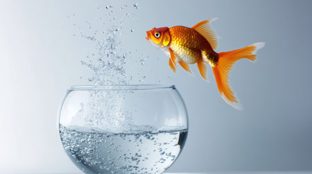 Creative shot of a goldfish leaping out of a round glass bowl, splashes frozen in time, on a white studio backdropの素材