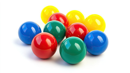 Cluster of red, yellow, blue, and green plastic balls, isolated on a clean white background with soft shadowsの素材