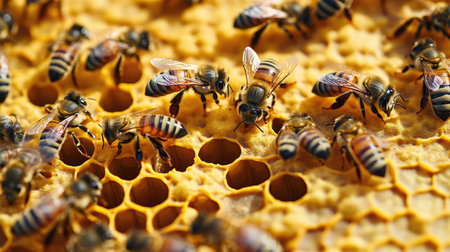 Busy bees building and maintaining golden honeycomb inside the hive, intricate natural symmetryの素材