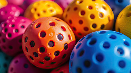 Close-up of multi-color pickleball balls stacked together, showing vibrant shades and texture detailsの素材