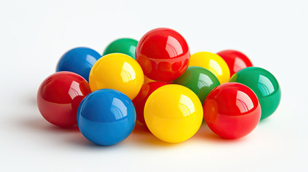 Cluster of red, yellow, blue, and green plastic balls, isolated on a clean white background with soft shadowsの素材
