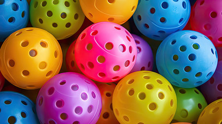 Collection of colorful pickleball balls with perforations, arranged aesthetically for a vibrant sports product shotの素材