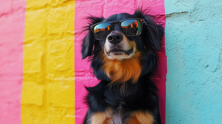 Confident dog with sleek designer sunglasses, photographed against a colorful wall for a modern, chic vibeの素材