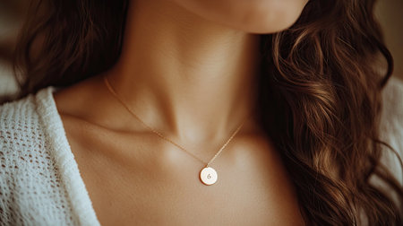 Close-up of a woman wearing a delicate gold necklace, focusing on the fine chain and pendant resting on her collarbone in soft natural lightの素材
