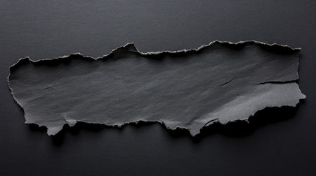 Close-up of ripped torn paper edges with rough texture, isolated on a solid black background, highlighting the raw and jagged detailsの素材