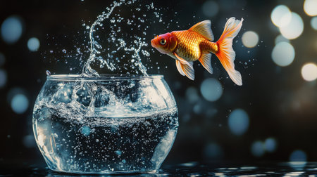 Dynamic shot of a goldfish escaping from a glass bowl, frozen in mid-air with clear water splash around itの素材