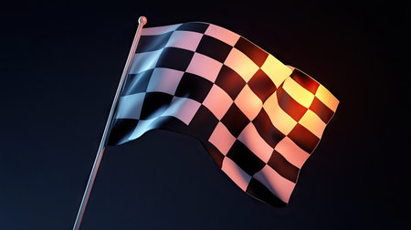 Crisp black and white checkered flag illuminated on a dark gradient background, representing the finish lineの素材