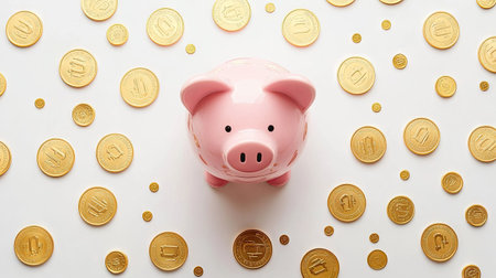 Cute pink piggy bank with golden coins arranged in a spiral pattern around it, on white backgroundの素材