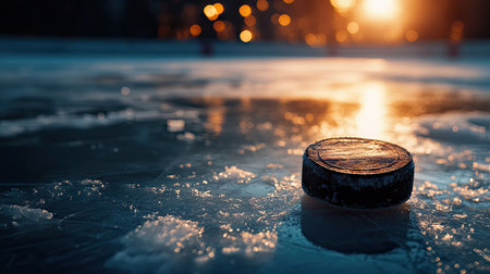 Detailed shot of a hockey puck on frosty ice, illuminated by dramatic shadows and arena lightsの素材