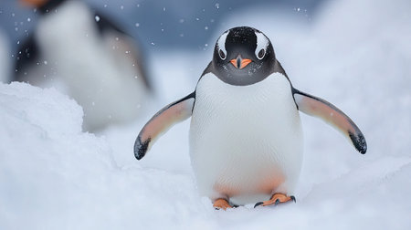 Curious penguin walking across snow-covered ground, looking directly at the camera with a playful expressionの素材