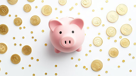 Pink piggy bank surrounded by scattered golden coins on a clean white background, symbolizing savings and financial growthの素材
