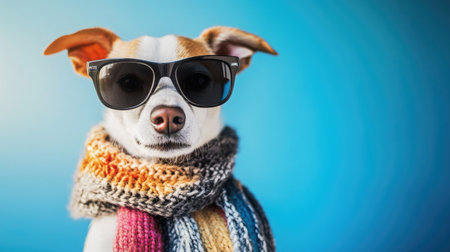 Dog with trendy black sunglasses and a stylish scarf, posing against a bright summer backdropの素材